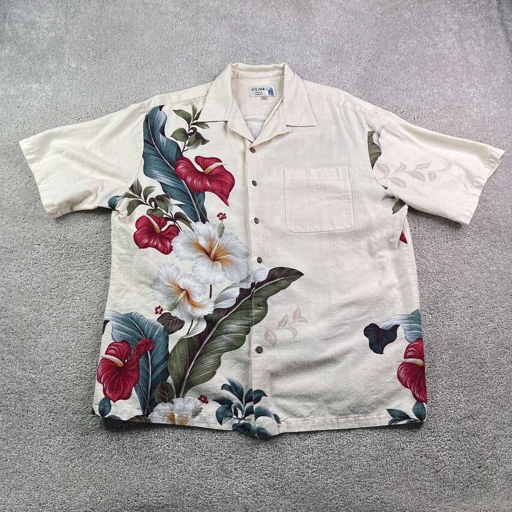 Vintage Iolani Hawaiian Shirt Mens XL Ivory Floral Luau Aloha Resort Loop Collar